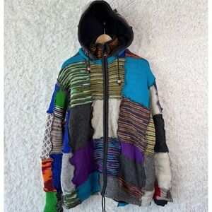 Nepal Patchwork Wool Jacket Mens XL Fleece Lined Hooded Full Zip Multi Color